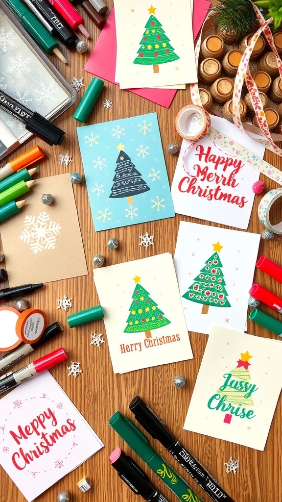A collection of handmade Christmas cards with festive designs and crafting supplies on a table.